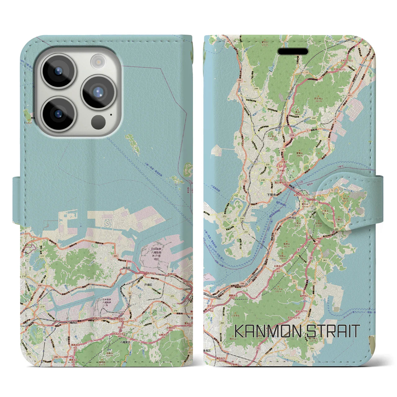 【関門海峡(山口県)】地図柄iPhoneケース(手帳タイプ)ナチュラル・iPhone 15 Pro 用