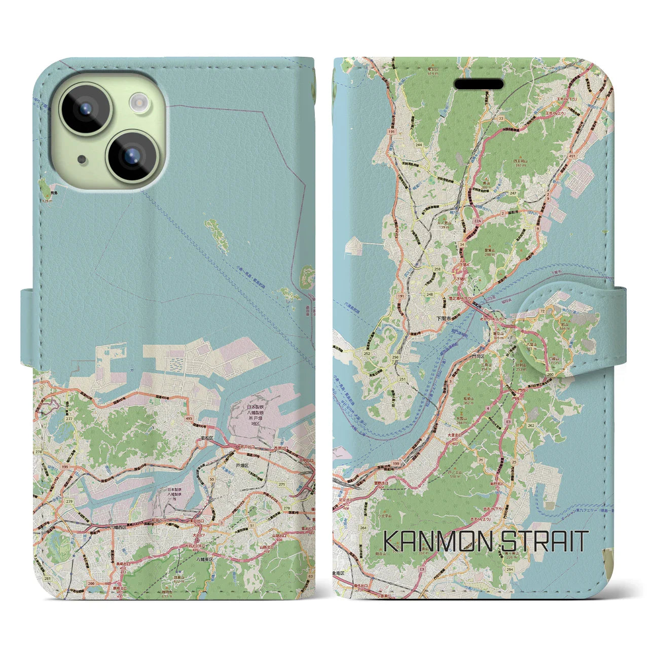 【関門海峡(山口県)】地図柄iPhoneケース(手帳タイプ)ナチュラル・iPhone 15 用