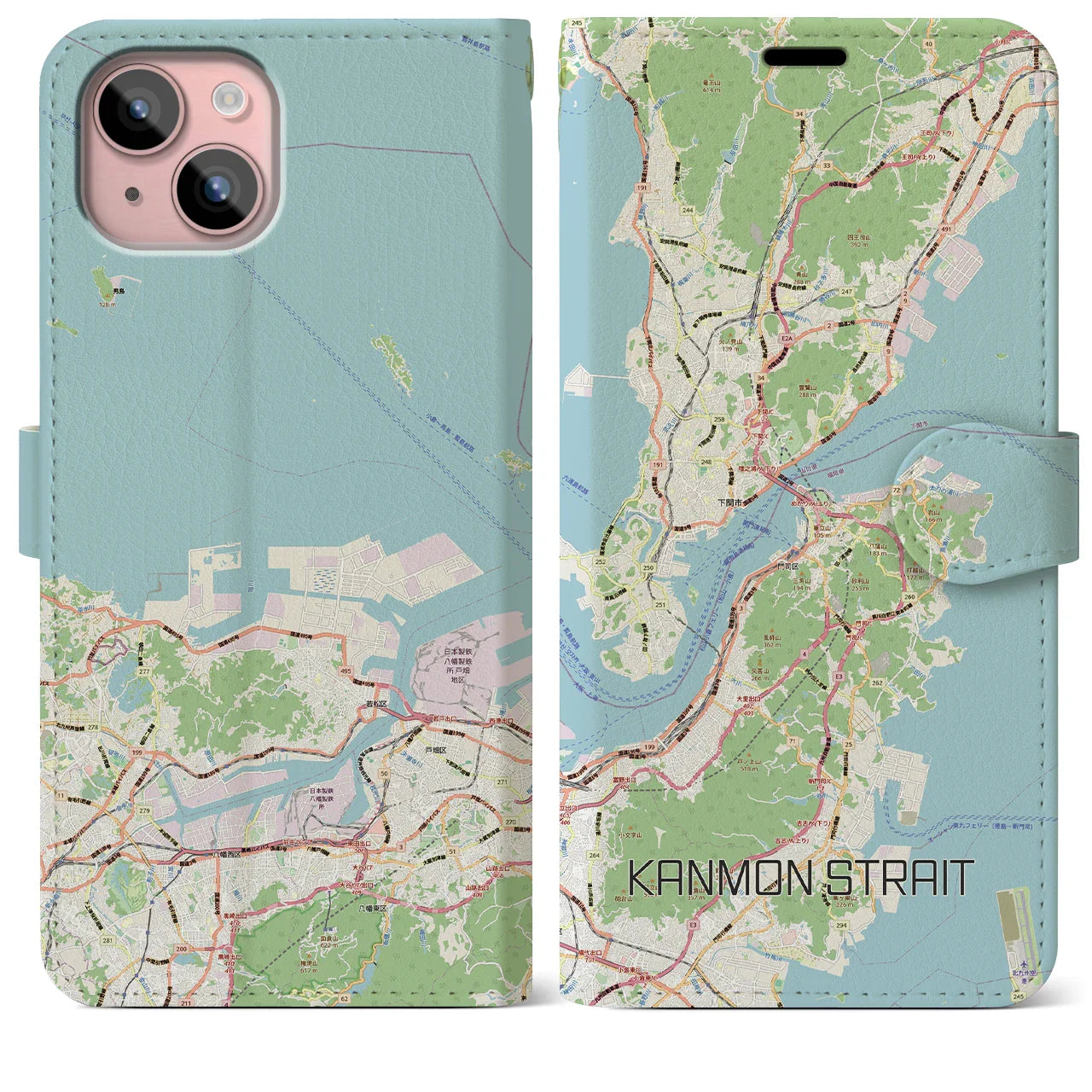 【関門海峡(山口県)】地図柄iPhoneケース(手帳タイプ)ナチュラル・iPhone 15 Plus 用