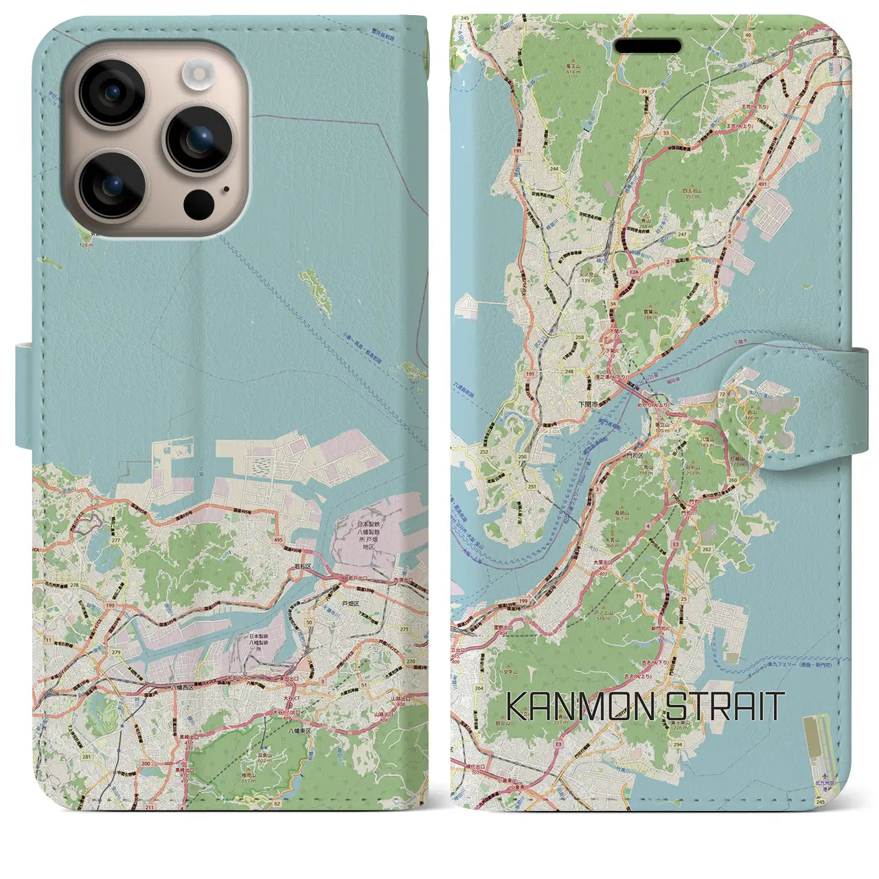 【関門海峡(山口県)】地図柄iPhoneケース(手帳タイプ)ナチュラル・iPhone 16 Plus 用
