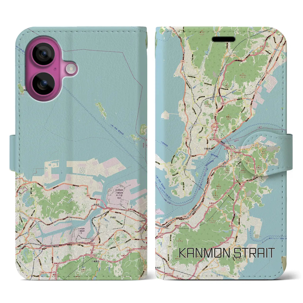 【関門海峡(山口県)】地図柄iPhoneケース(手帳タイプ)ナチュラル・iPhone 16 Pro 用