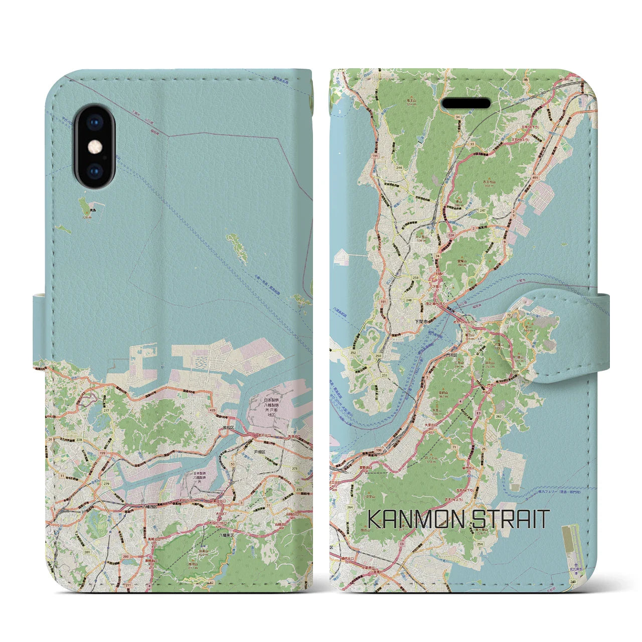 【関門海峡(山口県)】地図柄iPhoneケース(手帳タイプ)ナチュラル・iPhone XS / X 用