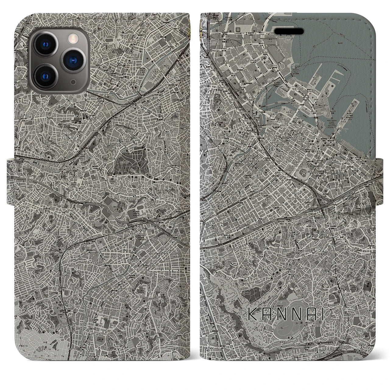 【関内(神奈川県)】地図柄iPhoneケース(手帳タイプ)モノトーン・iPhone 11 Pro Max 用