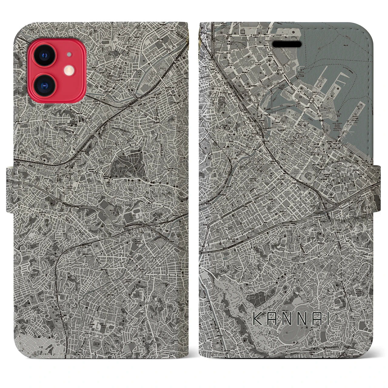 【関内(神奈川県)】地図柄iPhoneケース(手帳タイプ)モノトーン・iPhone 11 用