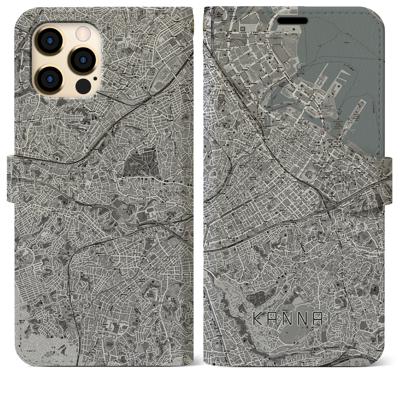 【関内(神奈川県)】地図柄iPhoneケース(手帳タイプ)モノトーン・iPhone 12 Pro Max 用
