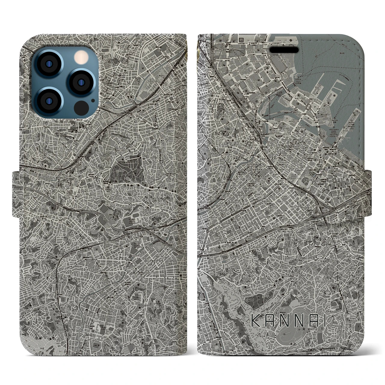 【関内(神奈川県)】地図柄iPhoneケース(手帳タイプ)モノトーン・iPhone 12 / 12 Pro 用