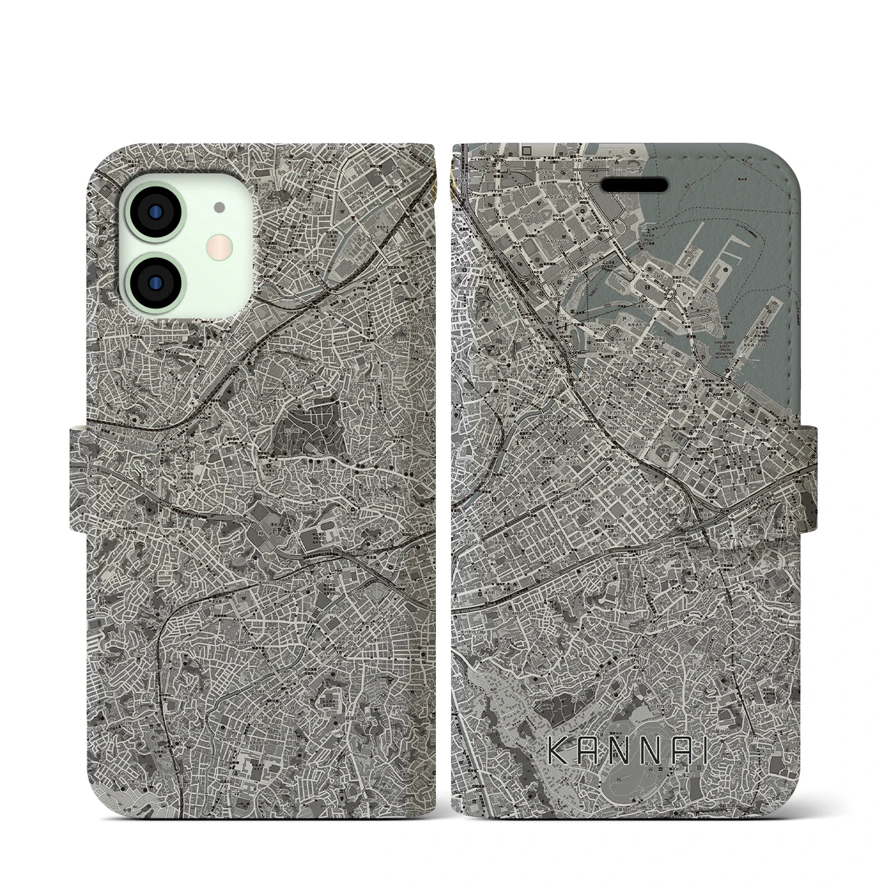 【関内(神奈川県)】地図柄iPhoneケース(手帳タイプ)モノトーン・iPhone 12 mini 用