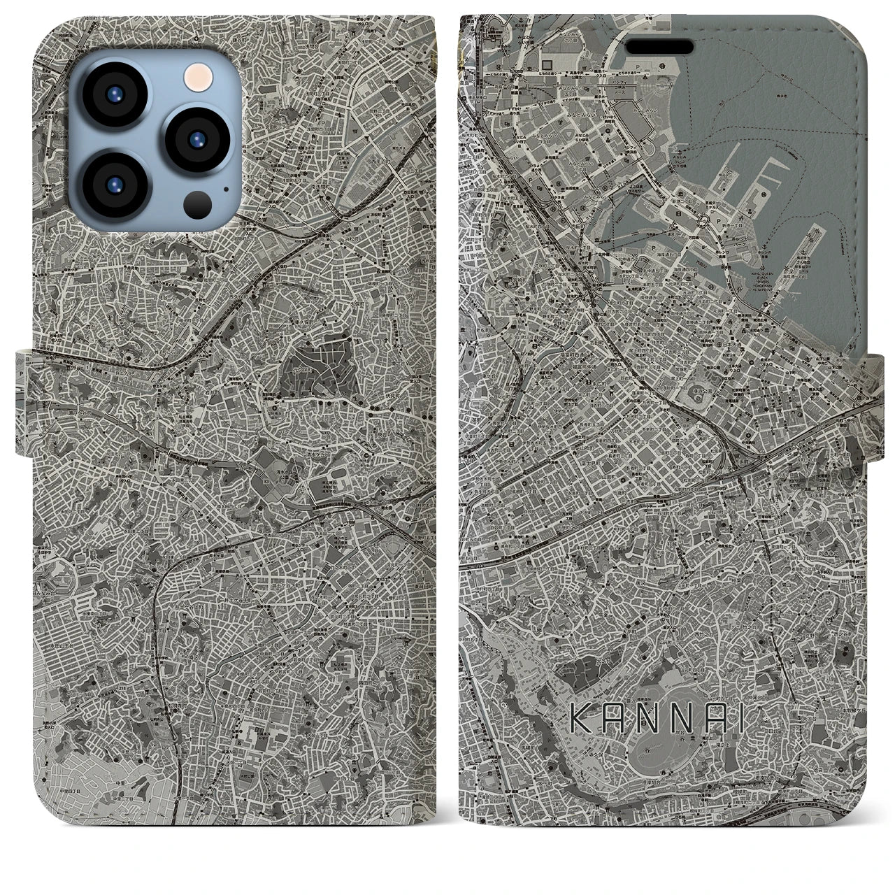 【関内(神奈川県)】地図柄iPhoneケース(手帳タイプ)モノトーン・iPhone 13 Pro Max 用