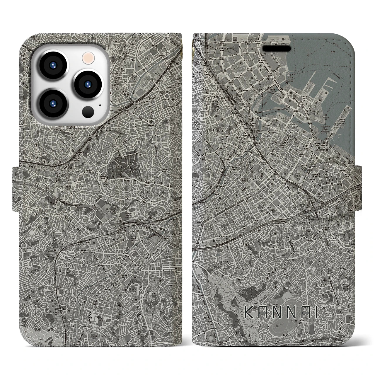 【関内(神奈川県)】地図柄iPhoneケース(手帳タイプ)モノトーン・iPhone 13 Pro 用