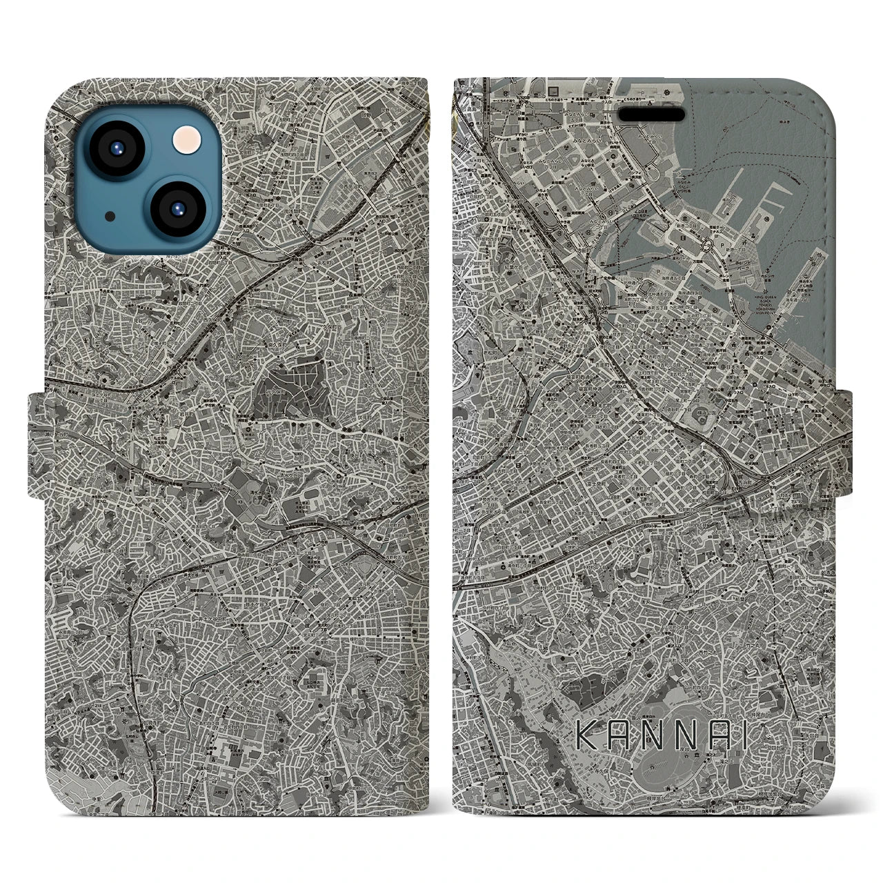 【関内(神奈川県)】地図柄iPhoneケース(手帳タイプ)モノトーン・iPhone 13 用