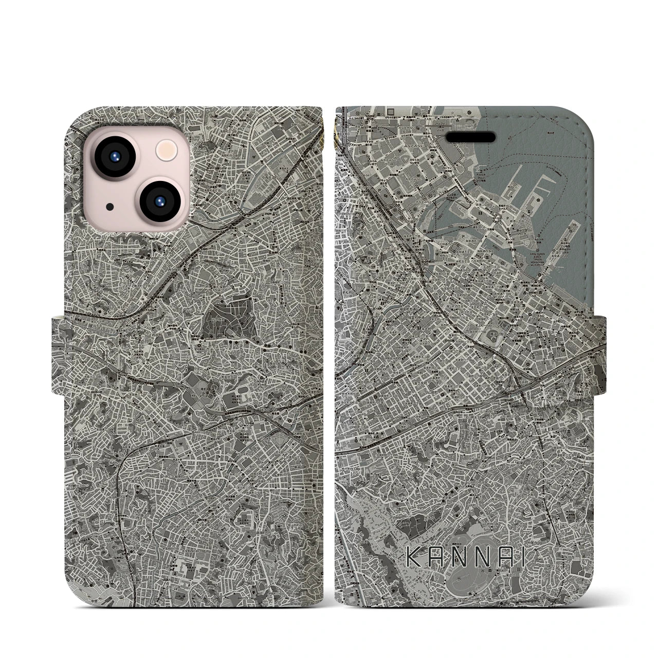 【関内(神奈川県)】地図柄iPhoneケース(手帳タイプ)モノトーン・iPhone 13 mini 用