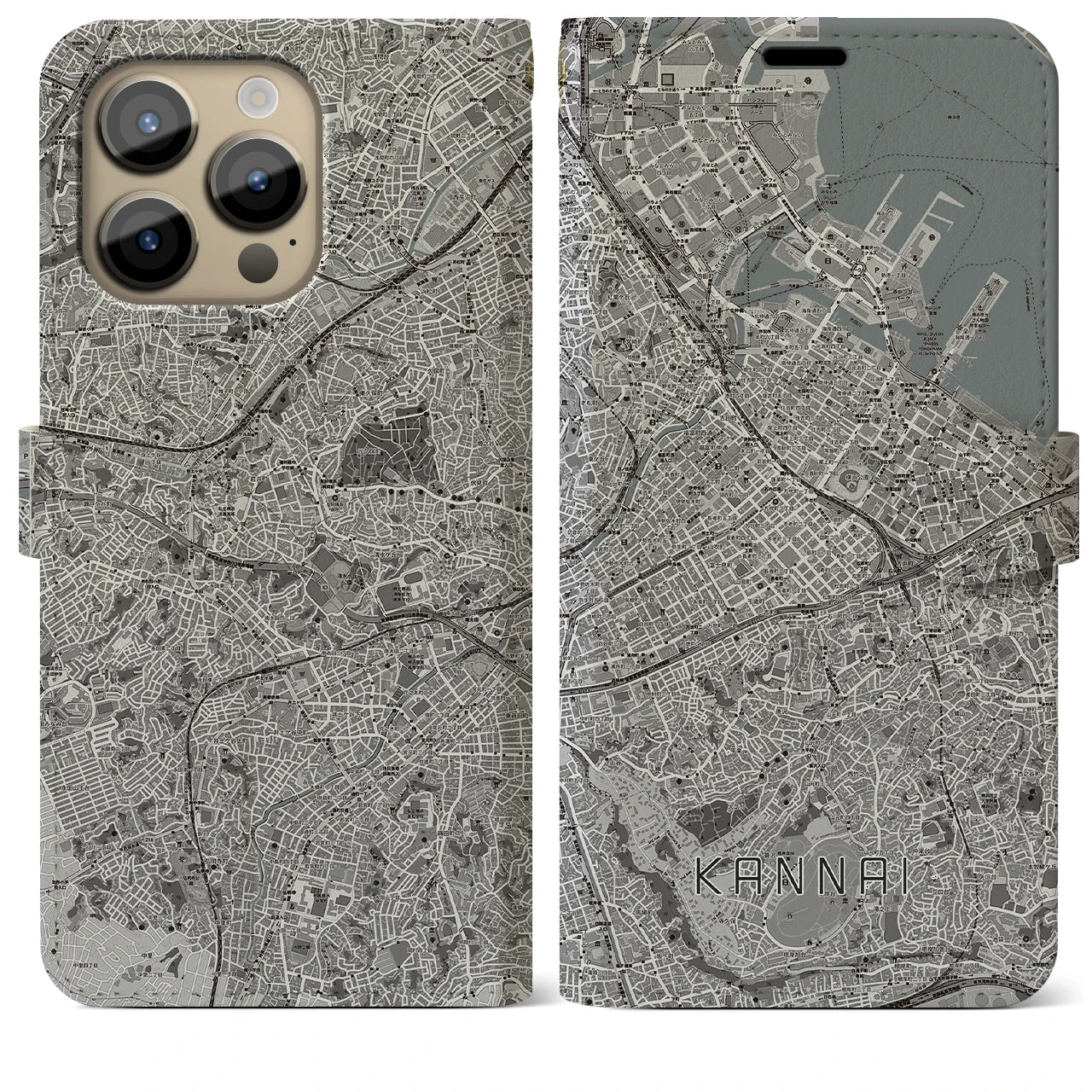 【関内(神奈川県)】地図柄iPhoneケース(手帳タイプ)モノトーン・iPhone 14 Pro Max 用