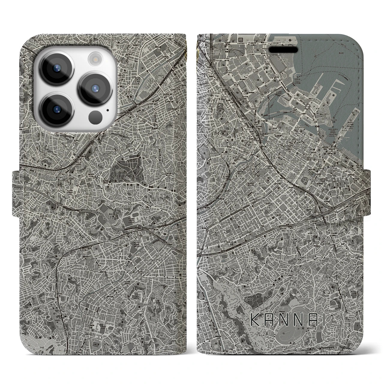 【関内(神奈川県)】地図柄iPhoneケース(手帳タイプ)モノトーン・iPhone 14 Pro 用