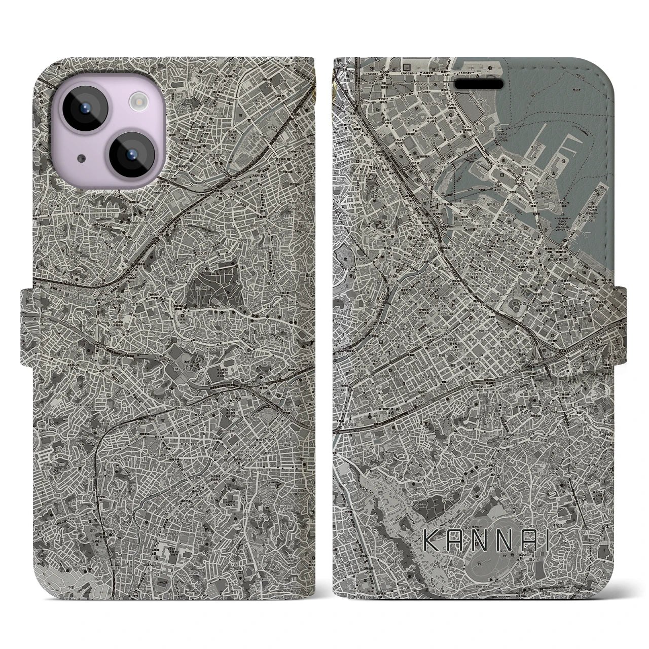 【関内(神奈川県)】地図柄iPhoneケース(手帳タイプ)モノトーン・iPhone 14 用