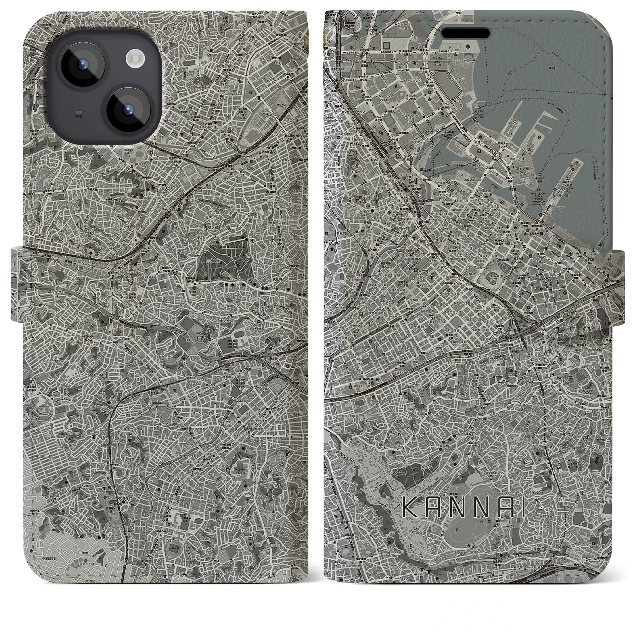 【関内(神奈川県)】地図柄iPhoneケース(手帳タイプ)モノトーン・iPhone 14 Plus 用