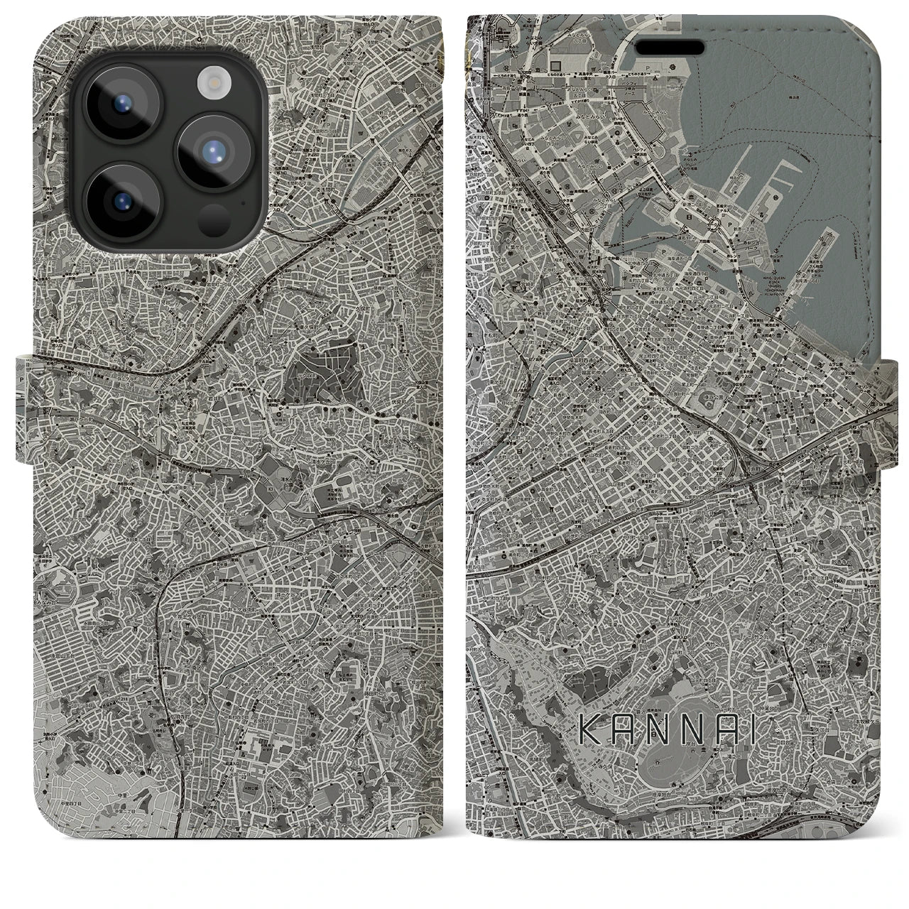 【関内(神奈川県)】地図柄iPhoneケース(手帳タイプ)モノトーン・iPhone 15 Pro Max 用