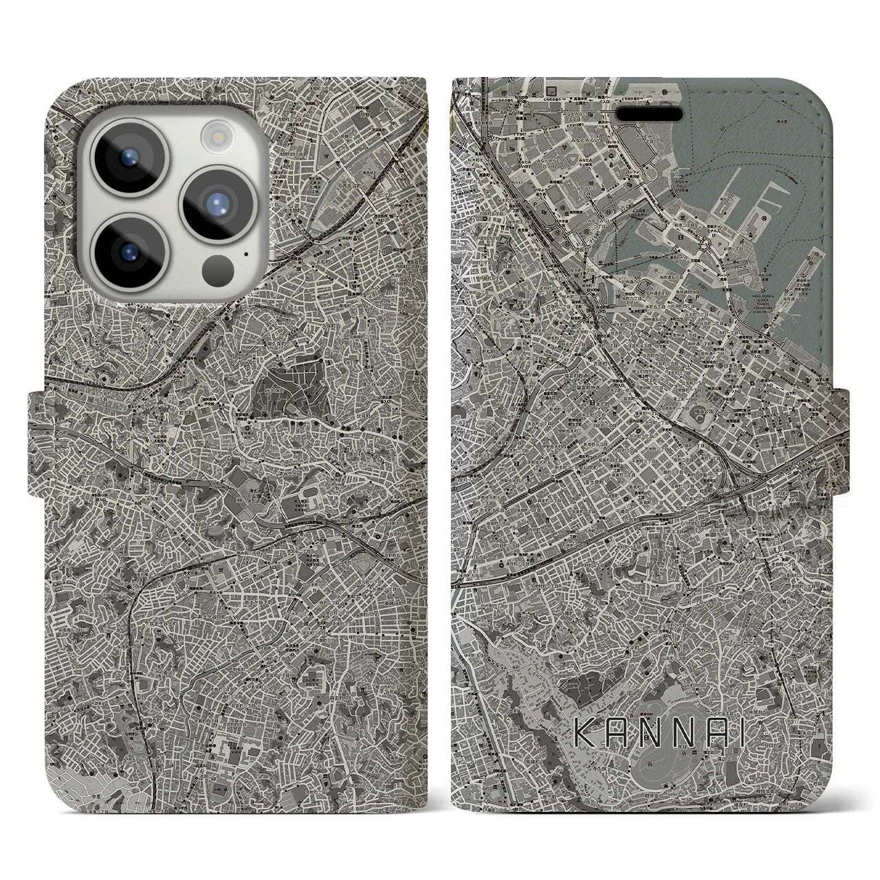 【関内(神奈川県)】地図柄iPhoneケース(手帳タイプ)モノトーン・iPhone 15 Pro 用