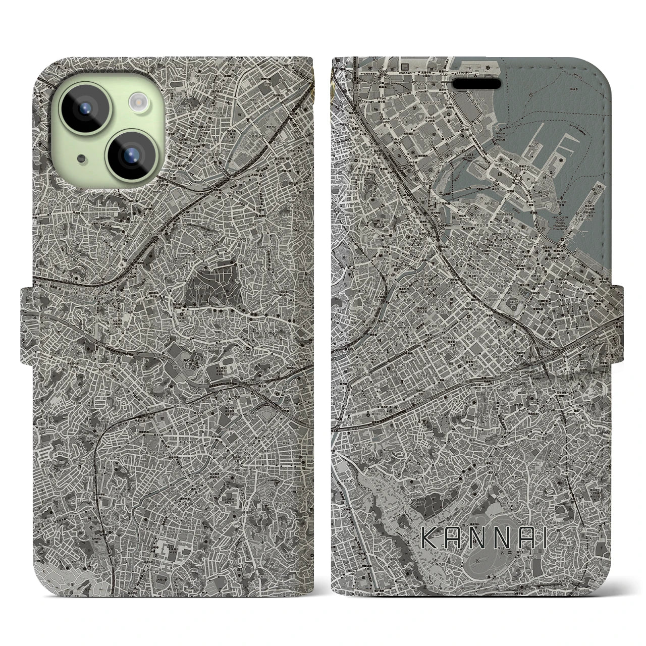 【関内(神奈川県)】地図柄iPhoneケース(手帳タイプ)モノトーン・iPhone 15 用