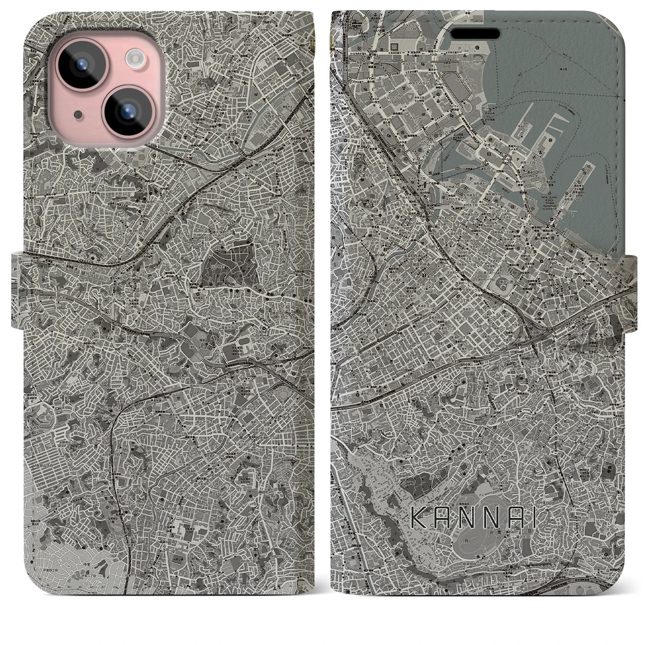 【関内(神奈川県)】地図柄iPhoneケース(手帳タイプ)モノトーン・iPhone 15 Plus 用