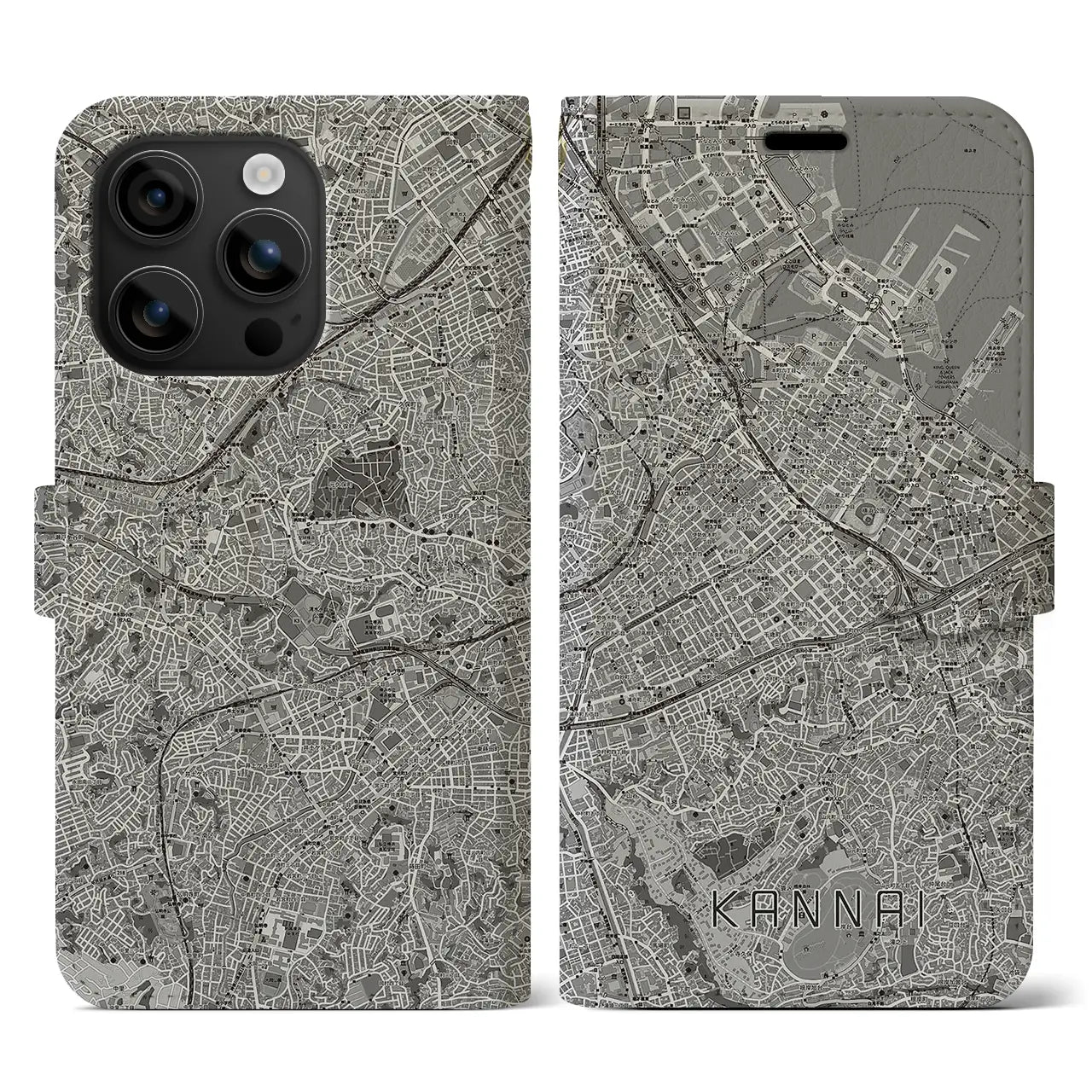 【関内(神奈川県)】地図柄iPhoneケース(手帳タイプ)モノトーン・iPhone 16 用