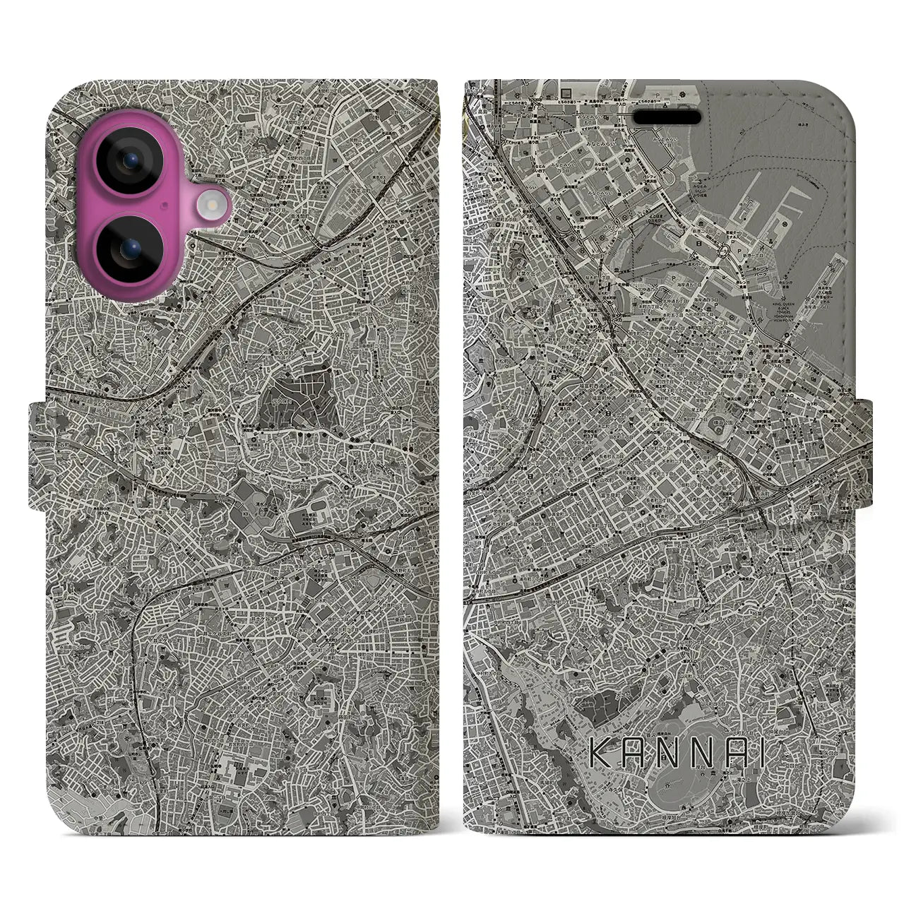 【関内(神奈川県)】地図柄iPhoneケース(手帳タイプ)モノトーン・iPhone 16 Pro 用