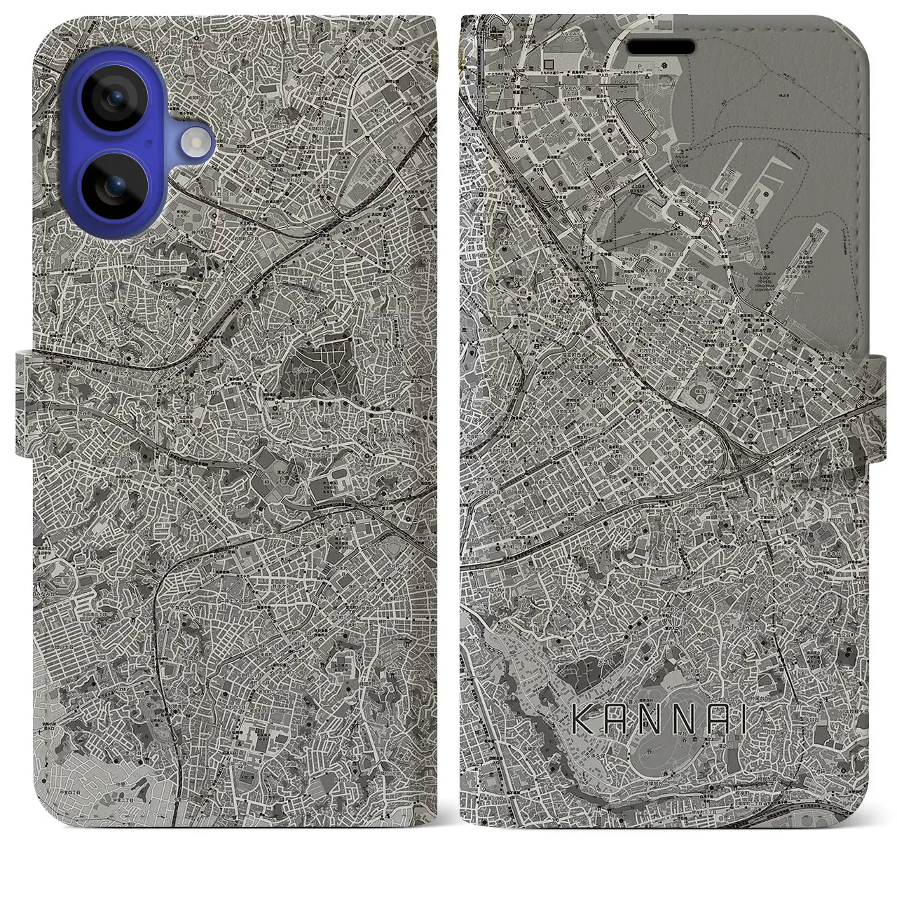 【関内(神奈川県)】地図柄iPhoneケース(手帳タイプ)モノトーン・iPhone 16 Pro Max 用