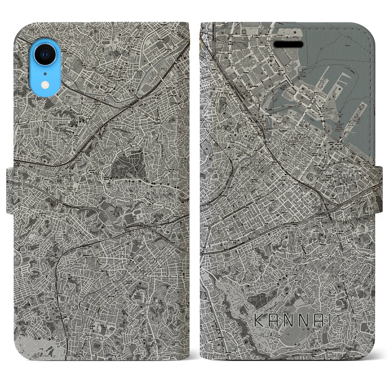 【関内(神奈川県)】地図柄iPhoneケース(手帳タイプ)モノトーン・iPhone XR 用