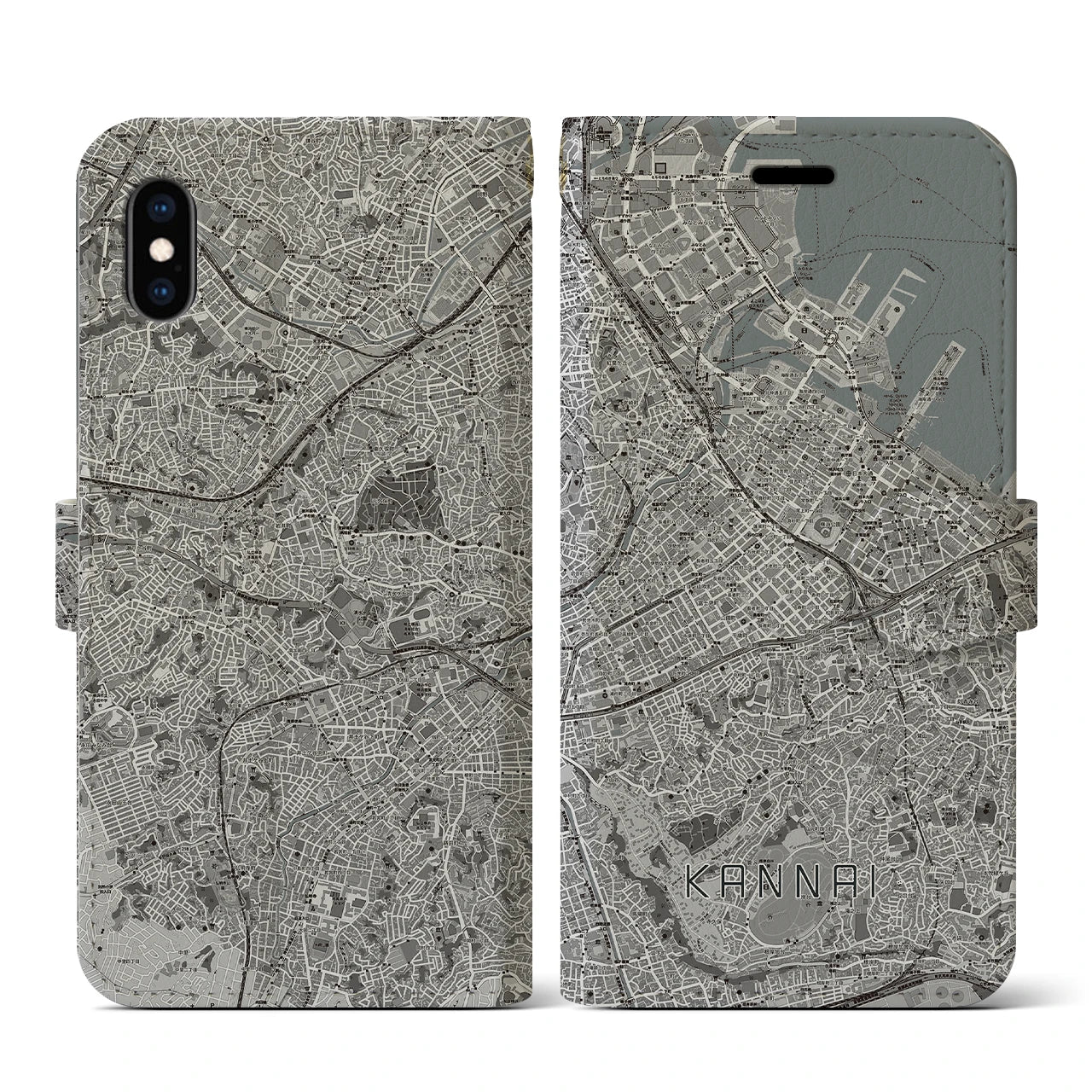 【関内(神奈川県)】地図柄iPhoneケース(手帳タイプ)モノトーン・iPhone XS / X 用