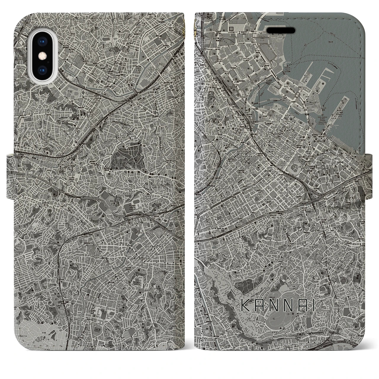 【関内(神奈川県)】地図柄iPhoneケース(手帳タイプ)モノトーン・iPhone XS Max 用