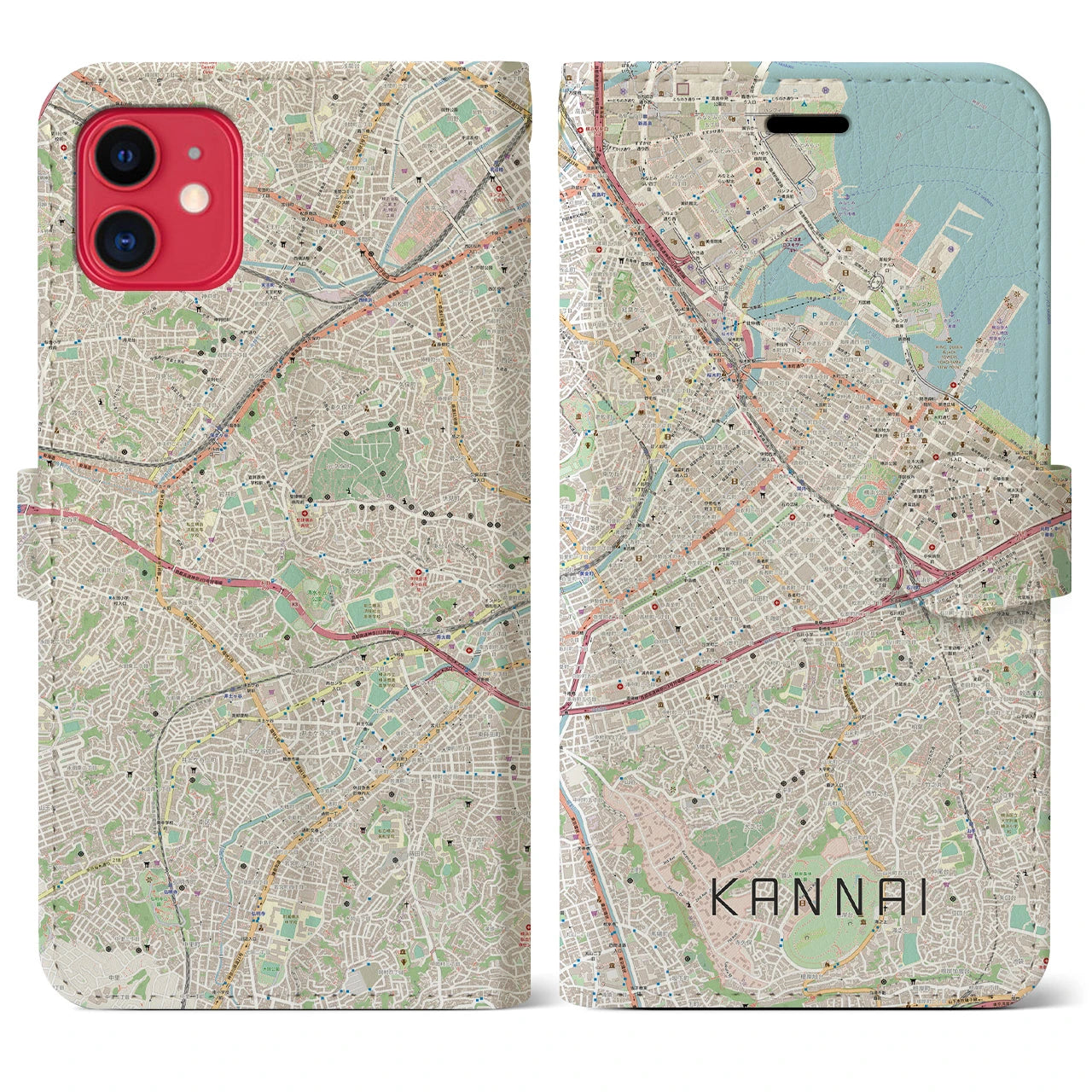 【関内(神奈川県)】地図柄iPhoneケース(手帳タイプ)ナチュラル・iPhone 11 用