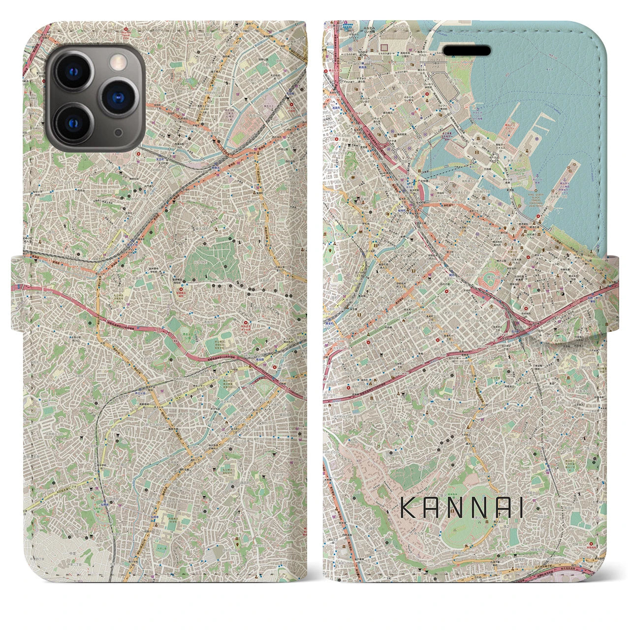 【関内(神奈川県)】地図柄iPhoneケース(手帳タイプ)ナチュラル・iPhone 11 Pro Max 用