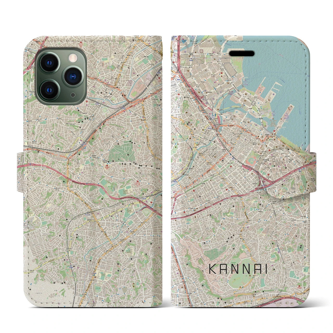 【関内(神奈川県)】地図柄iPhoneケース(手帳タイプ)ナチュラル・iPhone 11 Pro 用