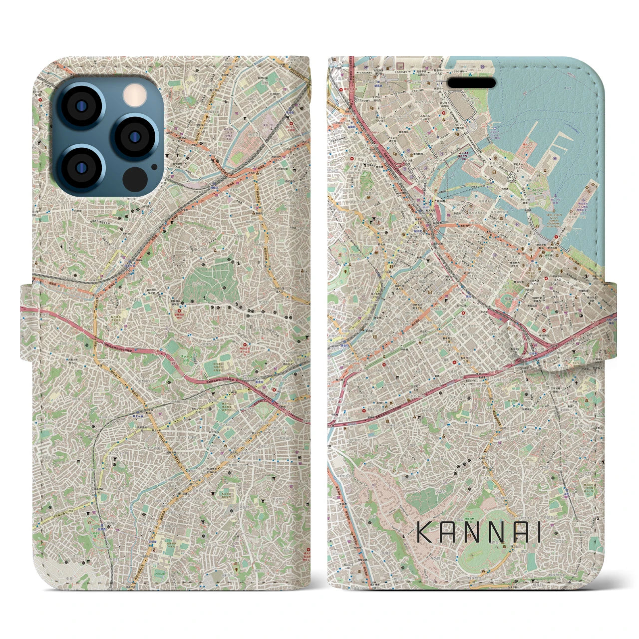 【関内(神奈川県)】地図柄iPhoneケース(手帳タイプ)ナチュラル・iPhone 12 / 12 Pro 用
