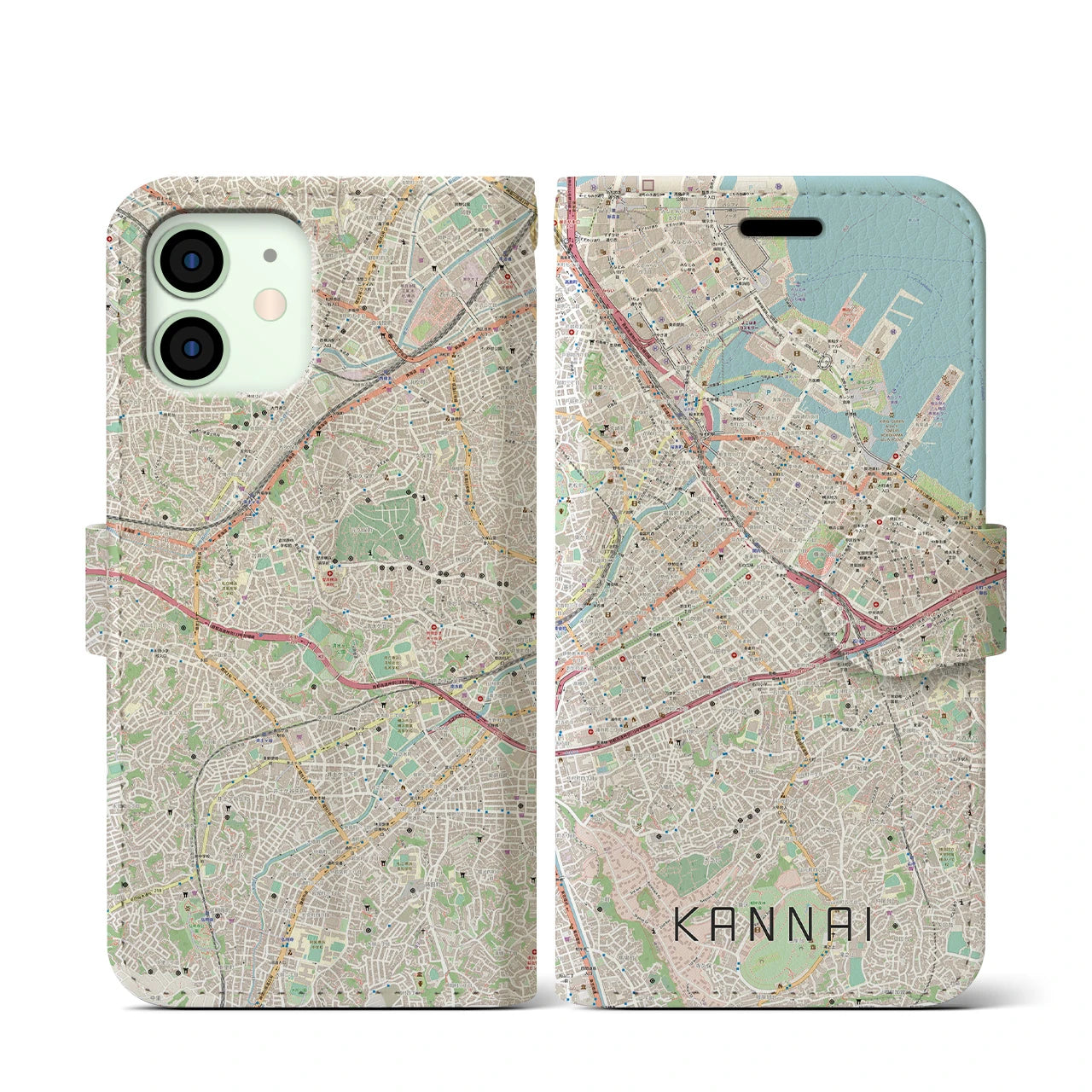 【関内(神奈川県)】地図柄iPhoneケース(手帳タイプ)ナチュラル・iPhone 12 mini 用