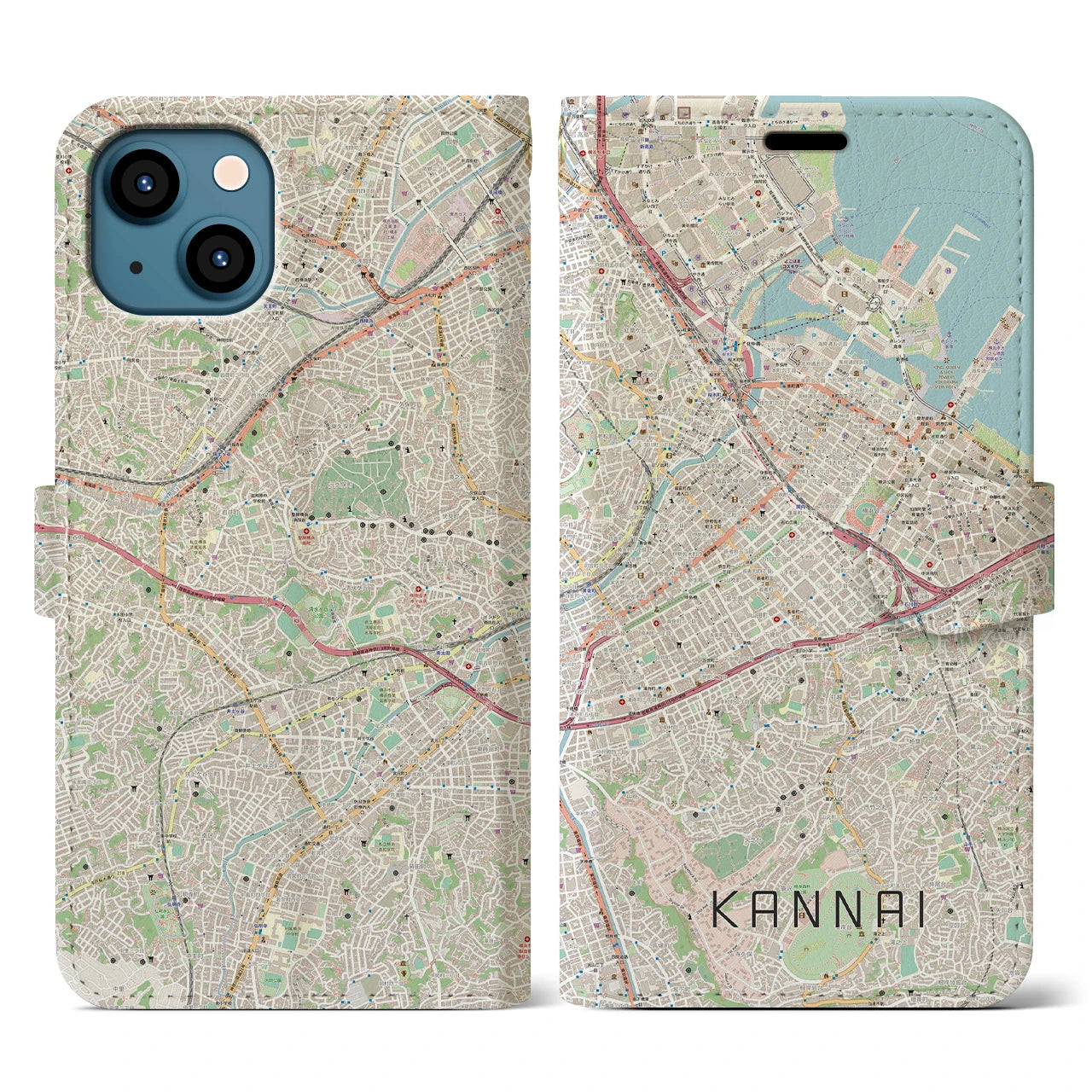 【関内(神奈川県)】地図柄iPhoneケース(手帳タイプ)ナチュラル・iPhone 13 用