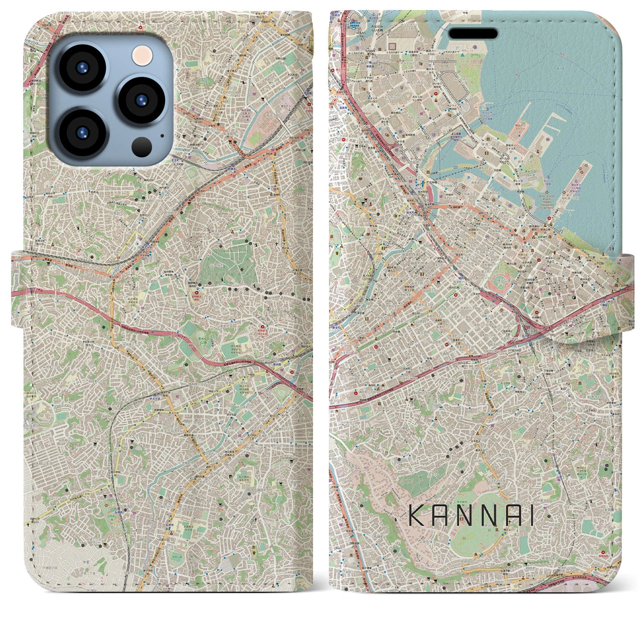 【関内(神奈川県)】地図柄iPhoneケース(手帳タイプ)ナチュラル・iPhone 13 Pro Max 用