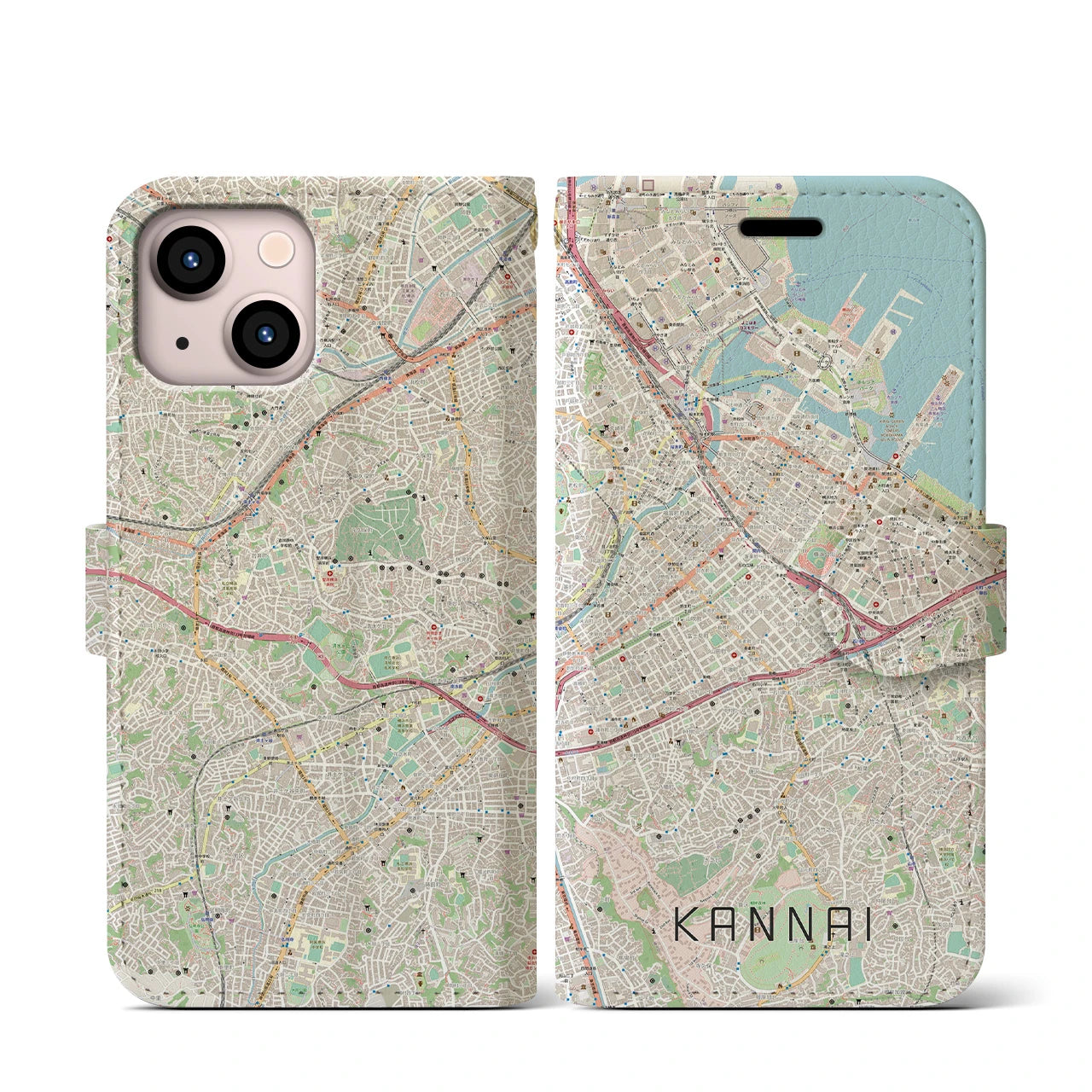 【関内(神奈川県)】地図柄iPhoneケース(手帳タイプ)ナチュラル・iPhone 13 mini 用