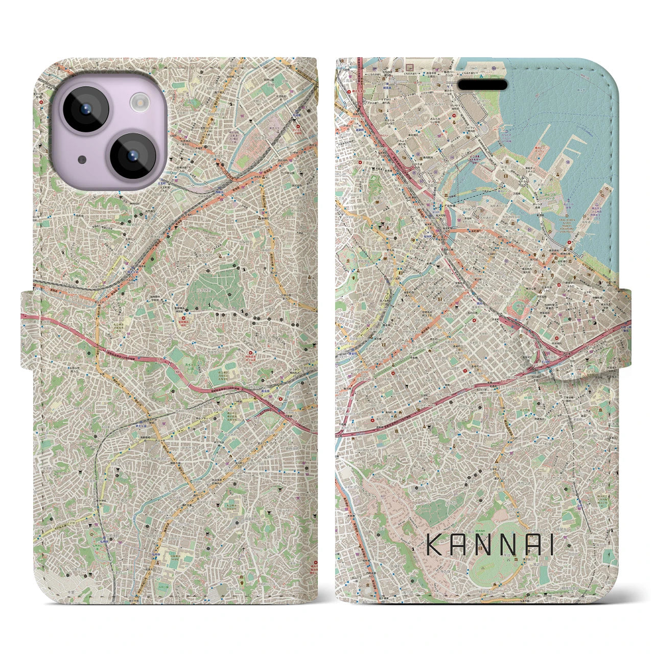 【関内(神奈川県)】地図柄iPhoneケース(手帳タイプ)ナチュラル・iPhone 14 用