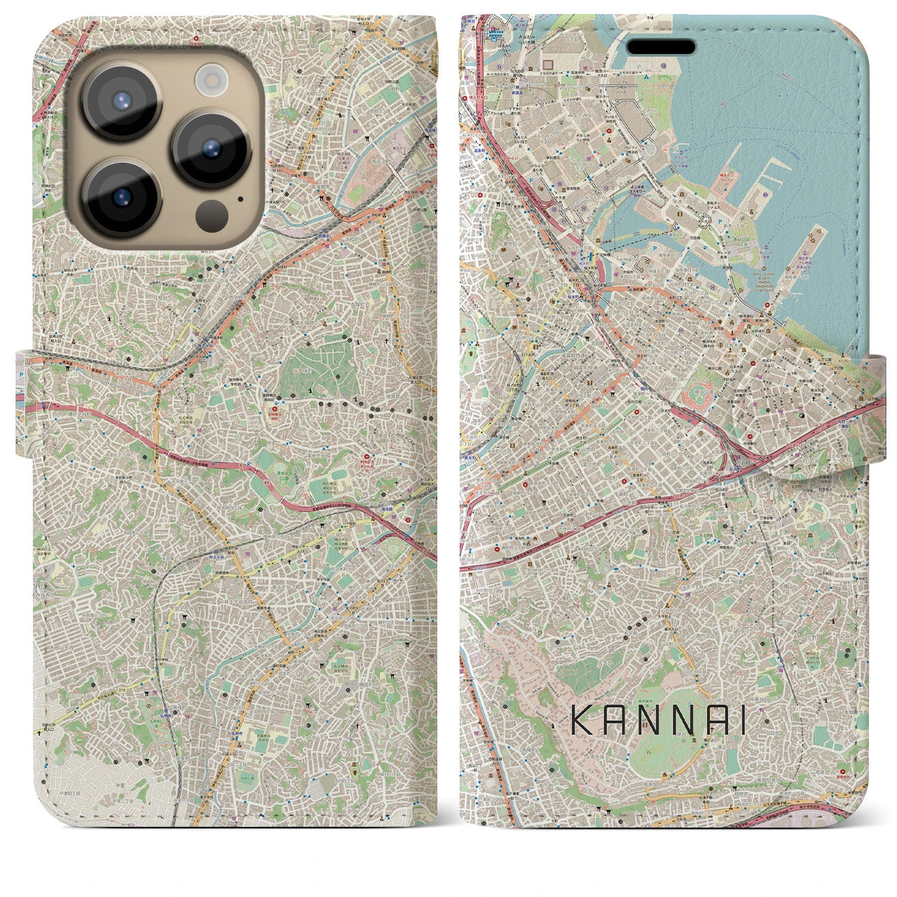 【関内(神奈川県)】地図柄iPhoneケース(手帳タイプ)ナチュラル・iPhone 14 Pro Max 用