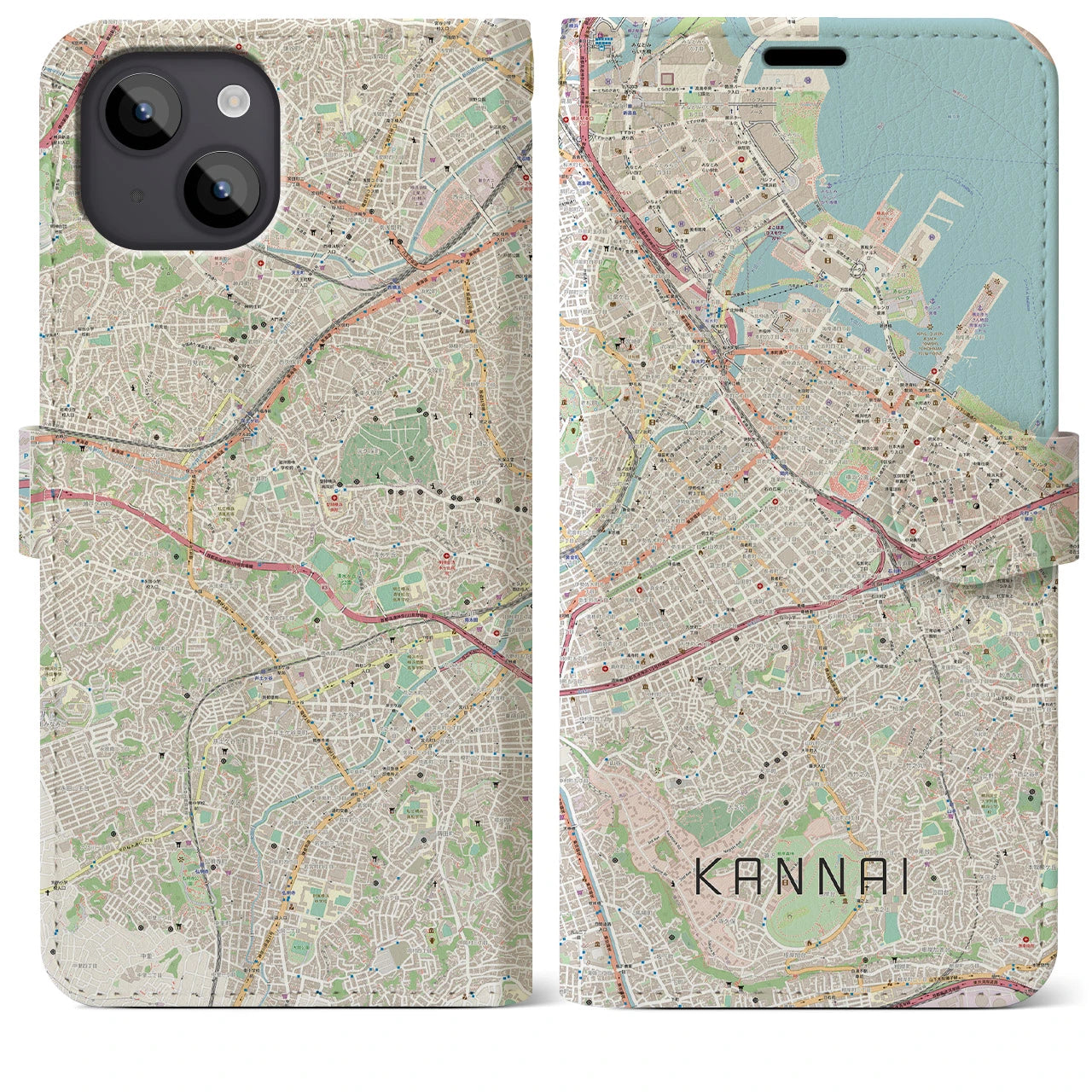 【関内(神奈川県)】地図柄iPhoneケース(手帳タイプ)ナチュラル・iPhone 14 Plus 用