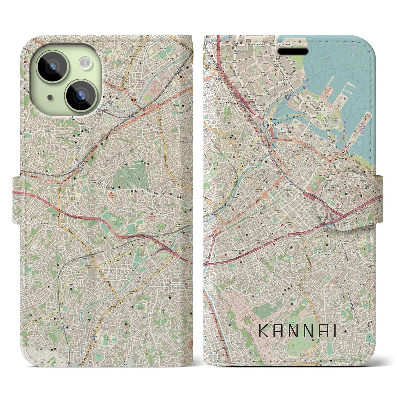 【関内(神奈川県)】地図柄iPhoneケース(手帳タイプ)ナチュラル・iPhone 15 用