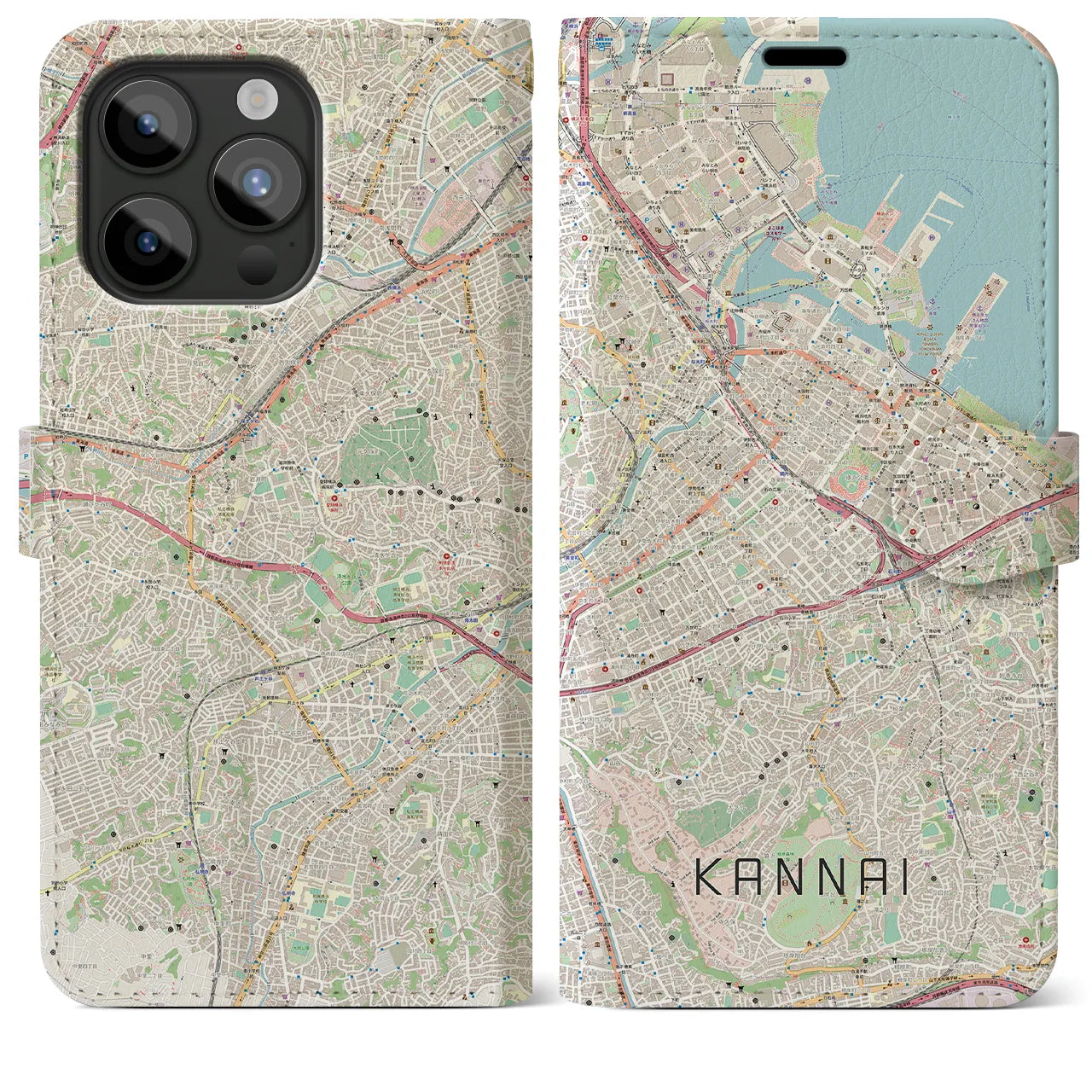 【関内(神奈川県)】地図柄iPhoneケース(手帳タイプ)ナチュラル・iPhone 15 Pro Max 用