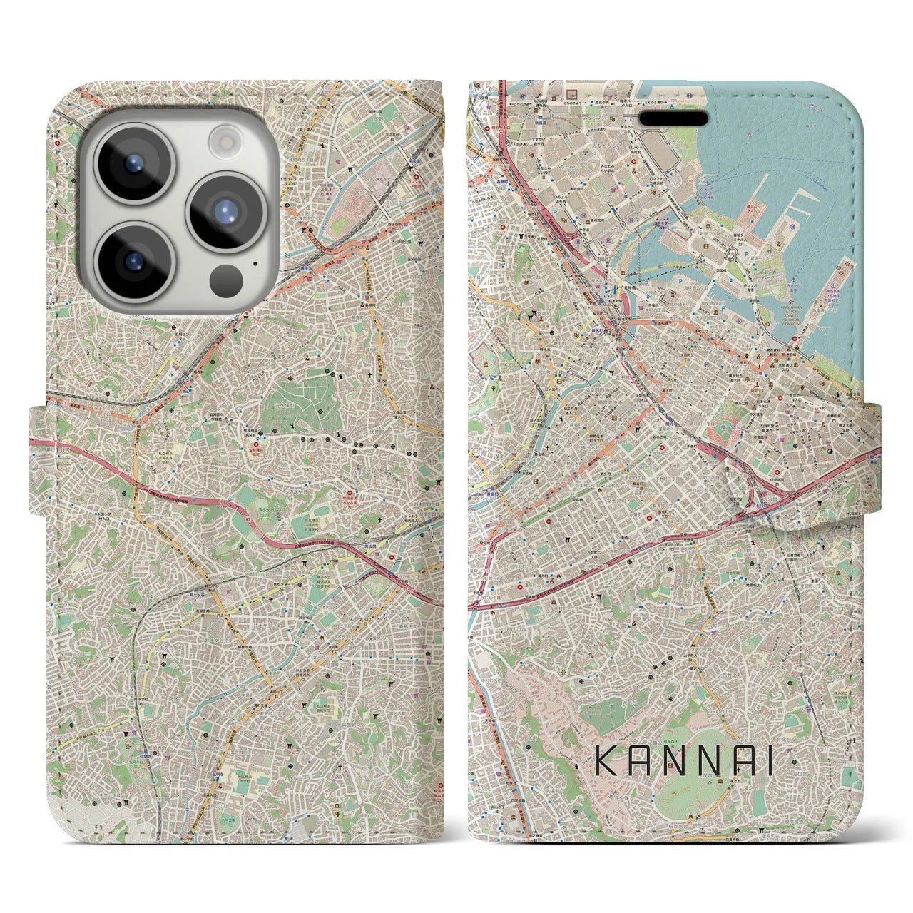 【関内(神奈川県)】地図柄iPhoneケース(手帳タイプ)ナチュラル・iPhone 15 Pro 用