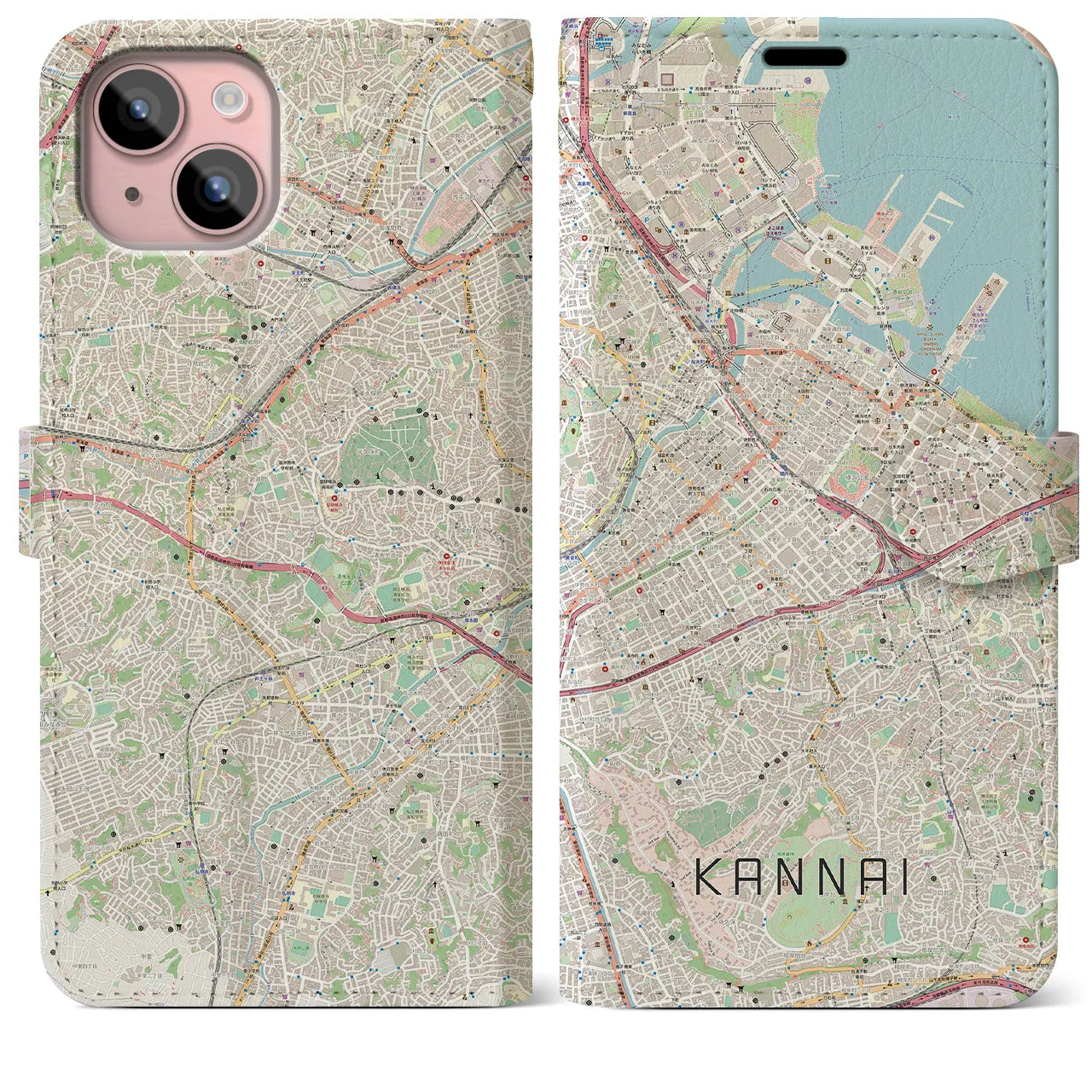 【関内(神奈川県)】地図柄iPhoneケース(手帳タイプ)ナチュラル・iPhone 15 Plus 用