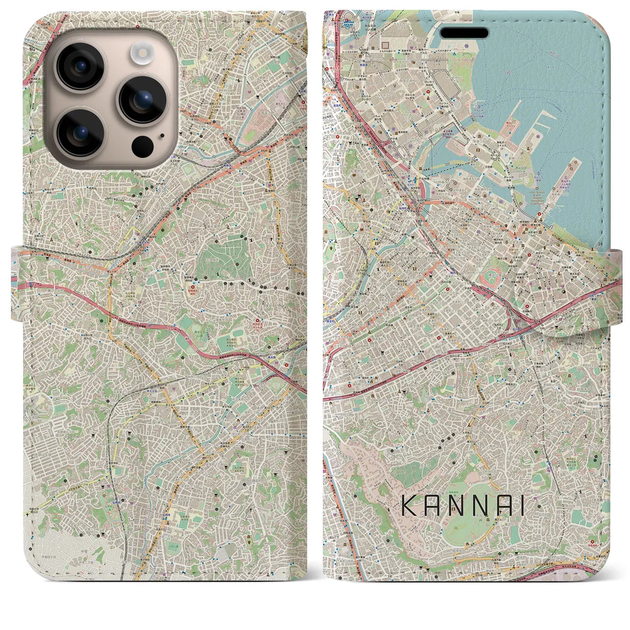 【関内(神奈川県)】地図柄iPhoneケース(手帳タイプ)ナチュラル・iPhone 16 Plus 用