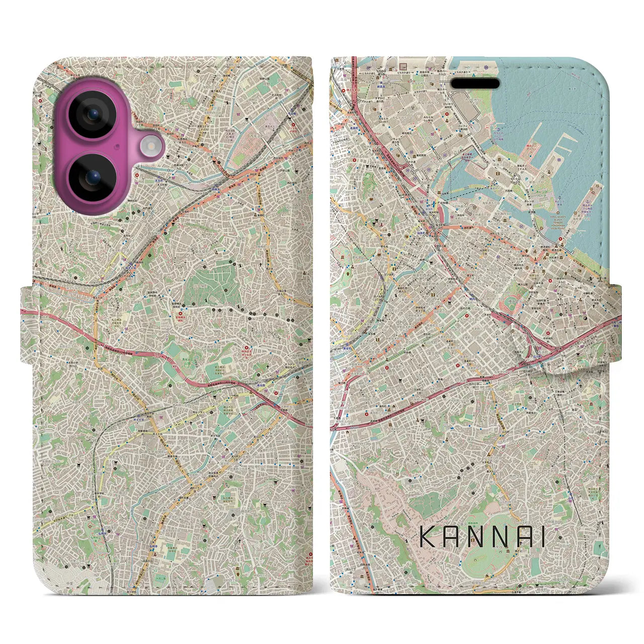【関内(神奈川県)】地図柄iPhoneケース(手帳タイプ)ナチュラル・iPhone 16 Pro 用