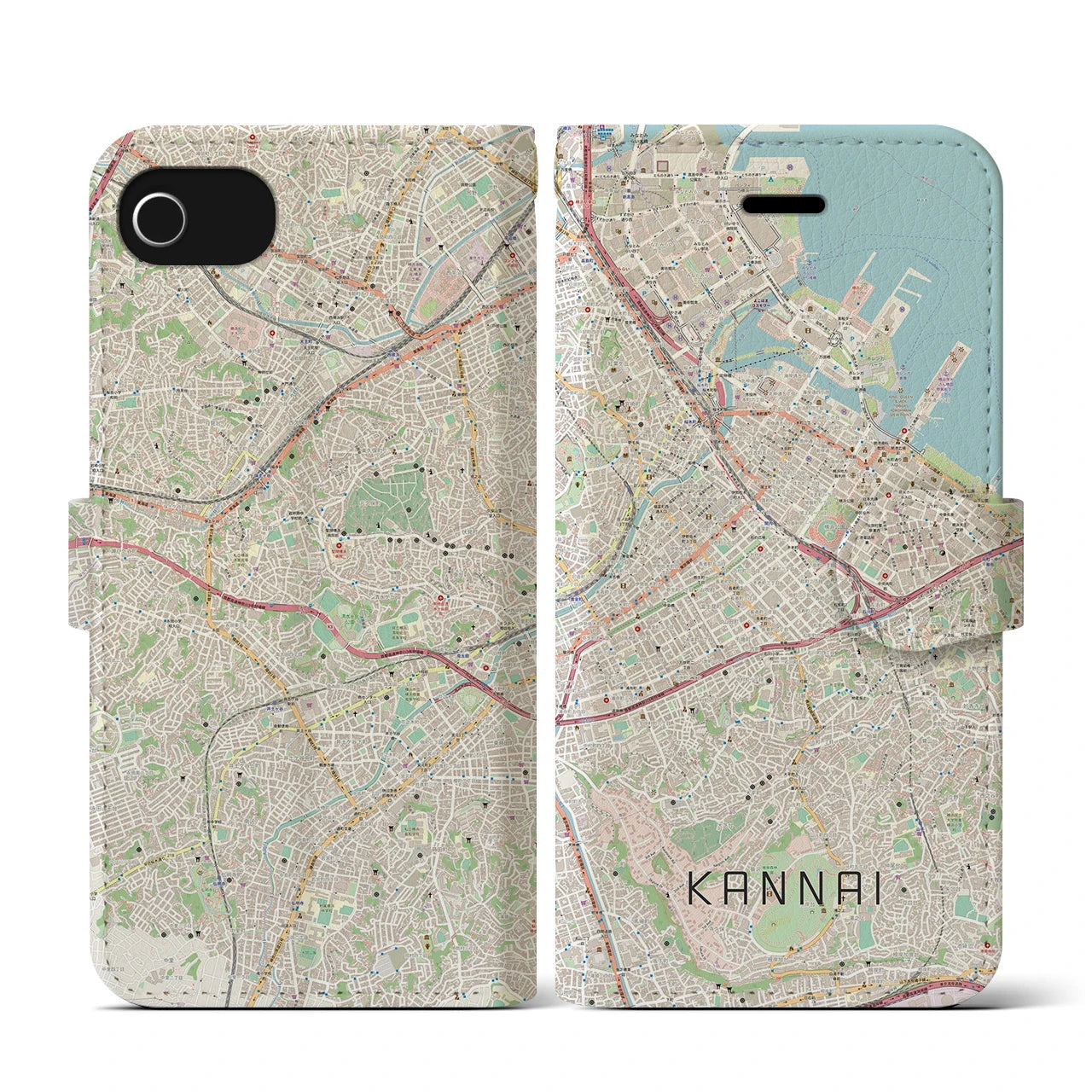 【関内(神奈川県)】地図柄iPhoneケース(手帳タイプ)ナチュラル・iPhone SE(第3 / 第2世代) / 8 / 7 / 6s / 6 用