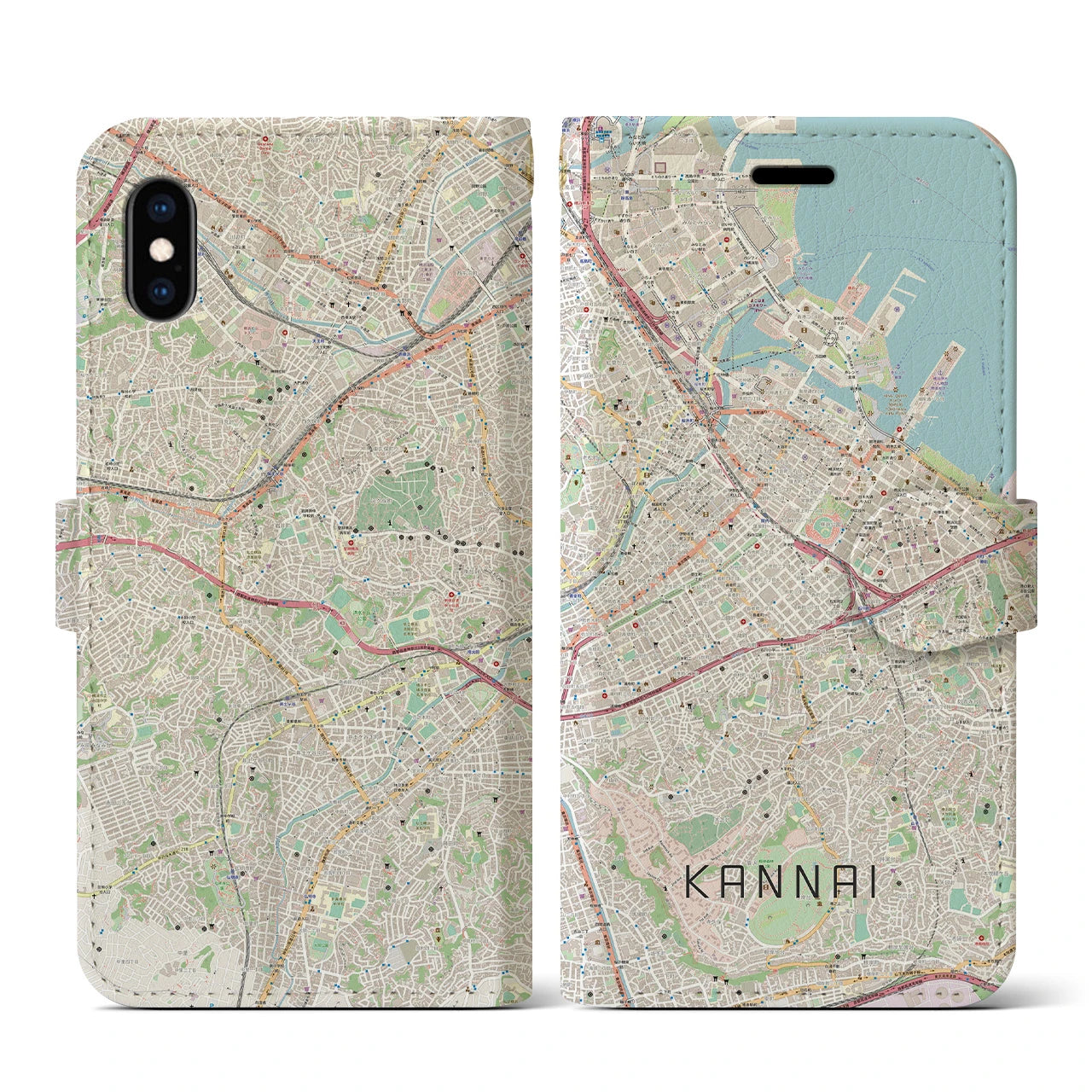 【関内(神奈川県)】地図柄iPhoneケース(手帳タイプ)ナチュラル・iPhone XS / X 用