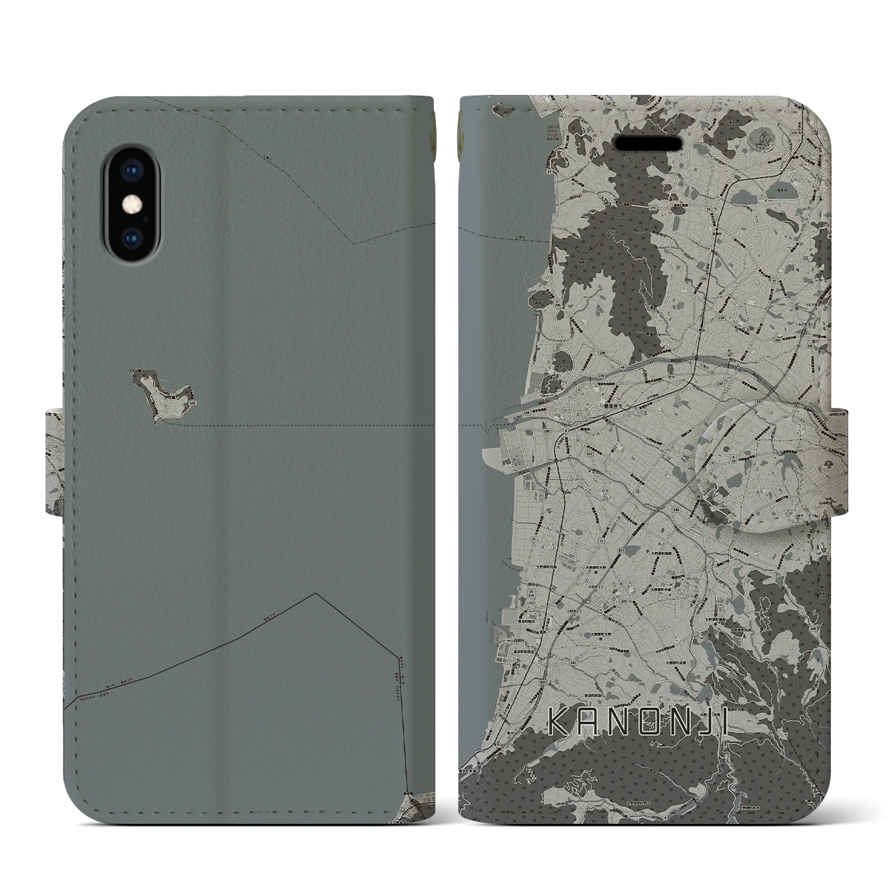 【観音寺(香川県)】地図柄iPhoneケース(手帳タイプ)モノトーン・iPhone XS / X 用