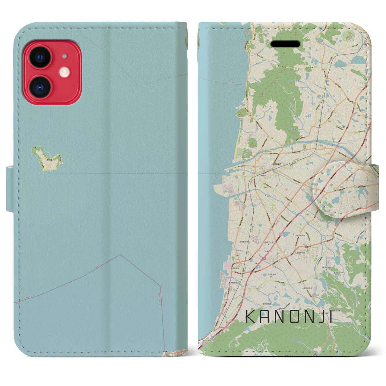 【観音寺(香川県)】地図柄iPhoneケース(手帳タイプ)ナチュラル・iPhone 11 用